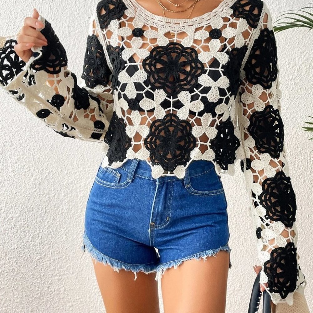 Boho Colorblock Scallop Trim Hollow Out Cover Up - Picture 5 of 5